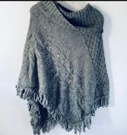 Kenar Gray Wool Blend Cable Knit Cowl Neck Fringed Poncho XL