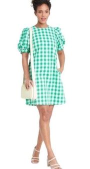 A NEW DAY  Women's Green and White Gingham Plaid Puff Short Sleeve Dress Sz L