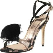 London Black Rose Gold Floral Fabric Elynie Pompom Ankle Strap Pumps