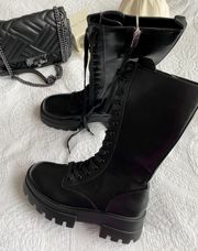 Black faux leather lace-up platform chunky soles winter combat boots booties shoes 