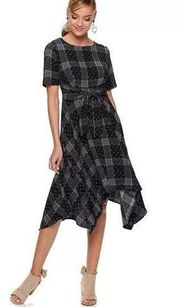 ELLE™ Navy Blue White Polka Dot Plaid Tie Handkerchief Women’s Dress