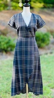 Madison Windowpane Faux Wrap Short Sleeve V-Neck Dress Black Size Xs