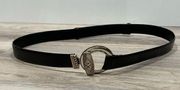 Black Leather Waist Belt Gold Silver Buckle Slide Adjustable 22”-41”