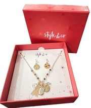 NEW Style & Co NECKLACE & Disc Drop EARRINGS Set Gold-Tone Multi-Charm Pendant