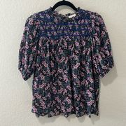 SHOSHANNA Floral Puff Sleeve Smocked Short Sleeve Blouse, Size M