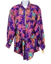 Vintage 80's Leslie Fay 100% Silk Abstract Colorful Retro Print Tunic Blouse
