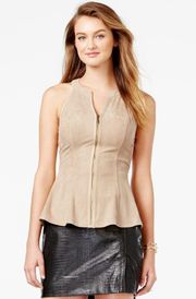 90's Vibes Tan Beige Faux-Suede V Neck Zip Front Peplum Tank Top