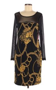 NWT  Black Mini Dress Gold Chain Print Mesh Sheer Back & Sleeves 8