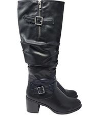 White Mountain Desirable Zip Up Black Faux Leather Knee High Boots Buckle 8 M