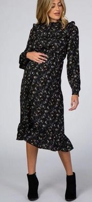 NWT Hayden Baltic Born Black Floral Ruffle Long Sleeve Maternity Midi Dress