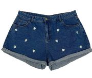 SheIn Curve Daisy Embroidered High Rise Medium Wash Stretch Jean Shorts 4XL