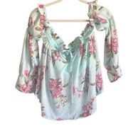 NWT Peach Love Blue Floral Cold Shoulder Cropped Blouse. Size Small.