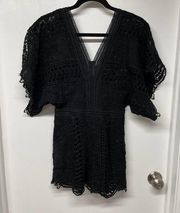 Vera & Lucy Black Crochet Romper Size Small Sheer Sleeves 70s Bohemian