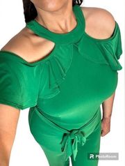 New York & Company cold ruffle shoulder stretch green jumpsuit in size medium