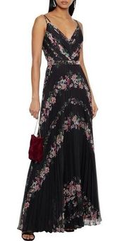 NWT MARCHESA NOTTE Belted pleated floral-print chiffon gown