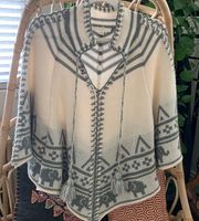 LOVESTITCH Gray & White Elephant Knit Boho Poncho w/Pompoms - Small/Medium