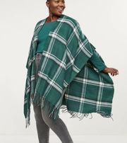 Green Plaid Fringe Flannel Wrap Poncho