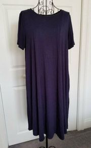 Zenana Viscose Stretch Jersey Short  Sleeve Round Neck A Line Dress Navy Sz (L)