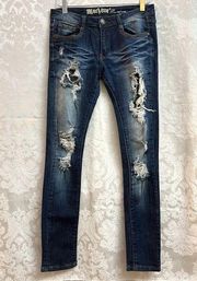 Machine Nouvelle Mode Women’s Dark Blue Distressed Ripped Skinny Jeans Sz 29 GUC