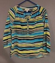 Dana Buchman Blue/Green Button Long Sleeve Top Size Medium