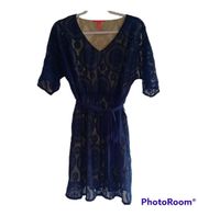 Chelsea And Violet Women's Blue Lace Overlay Belted Dress 