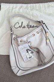 Ivory Off White Leather Drawstring Tassel Shoulder Bag Handbag B28069