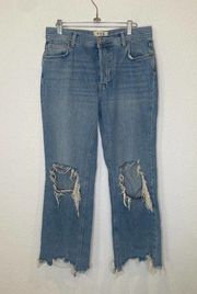 We The Free Maggie Straight Leg Relaxed Distressed Denim Blue Jeans EUC Sz 28