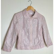 NWT Chico’s pale pink foil embroidered jean jacket with 3/4 sleeve​​​