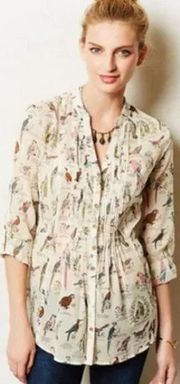 Anthropologie Maeve Bird Print Button Down Shirt Pintucked Cream Peasant Size 2