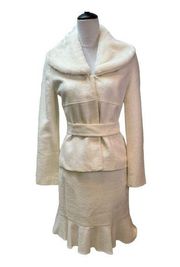 Moda International Winter White Skirt Suit Set With Removal Faux Fur Collar Sz 6