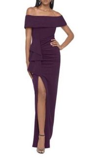 Off The Shoulder Slit Crepe Evening Gown Purple Sz 4 Bodycon Maxi NWT