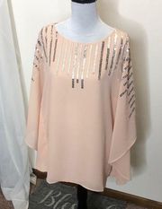 peach cream sequined sheer flowing blouse size large