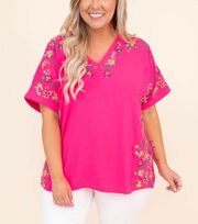 Chic Soul southern I feel love floral embroidered hot barbie pink blouse 3X