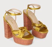 Lucianto Gold Satin Ankle Strap Wooden Platform Sandals