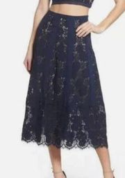 FOXIEDOX NAVY BLUE LACE BEIGE LINED LONG SIDE ZIP SKIRT MEDIUM