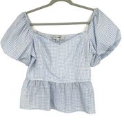 Lily White Light Blue Gingham Plaid Smocked Crop Top Short Puff Sleeves Size L