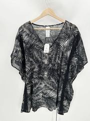 Time & Tru Swim Cover-Up Women MEDIUM NWT Black White Printed V-Neck Top