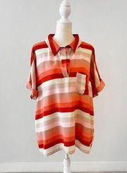 Sunset Stripe Johnny Collar Shirt In Coral- Beige May Stripe