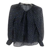 Saint Laurent Floral Long Sleeve Tassel Tie Semi Sheer Top Black Blue M