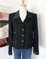 Vintage Satin Trim Wool Single-Breasted Jacket with Gold Buttons Black S