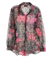 Unique Spectrum Plus Size 2X Top Lace Sheer Black Pink Button Down Blouse 1567