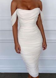 HOUSE OF CB CARLOTTA IVORY RUCHED DRAPED CHIFFON DRESS SZ XS