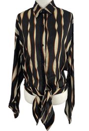 New Bishop+Young Tie Waist Button Down Blouse Metallic Stripe Print Black