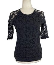 Reiss Womens Small Magnolia Lace Overlay Black Professional Blouse Shirt Sheer