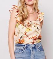 Evereve Cream & White Square Neck 🦜Tropical Print Flutter Tank - C13