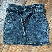 Bamboo  Black Washed Denim High Paper Bag Waisted Mini Skirt | Size Medium