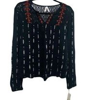 New Mudd Long Sleeve Boho V-Neck Crochet Lace Detail Blouse Size S Women’s Black