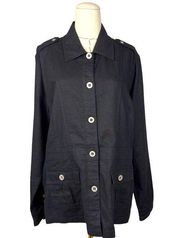 Vintage Bill Blass Jeanswear Black Linen Blend Long Sleeve Collared Jacket Sz L