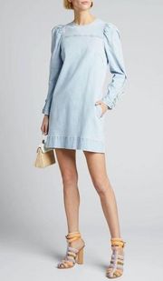 Ulla Johnson Manon Long-Sleeve Denim Shift Dress Wrist Ties Puff Sleeves Zips