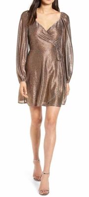 Metallic Long Sleeve Wrap Minidress